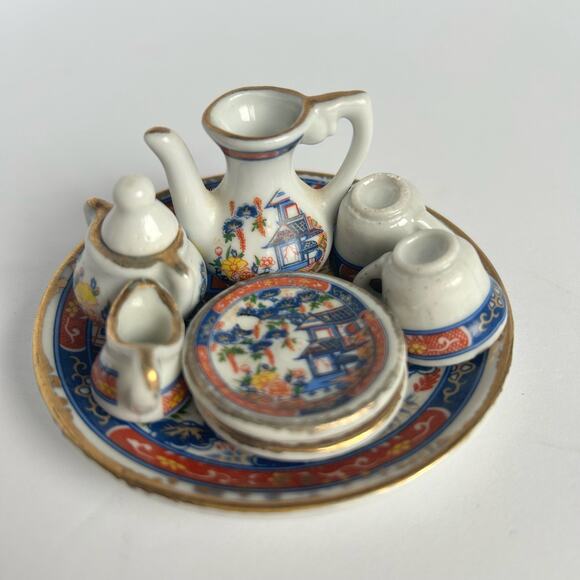 Tiny Miniature Asian Tea Set Dollhouse Size Teacups Saucers Teapot Porcelain - Picture 1 of 8